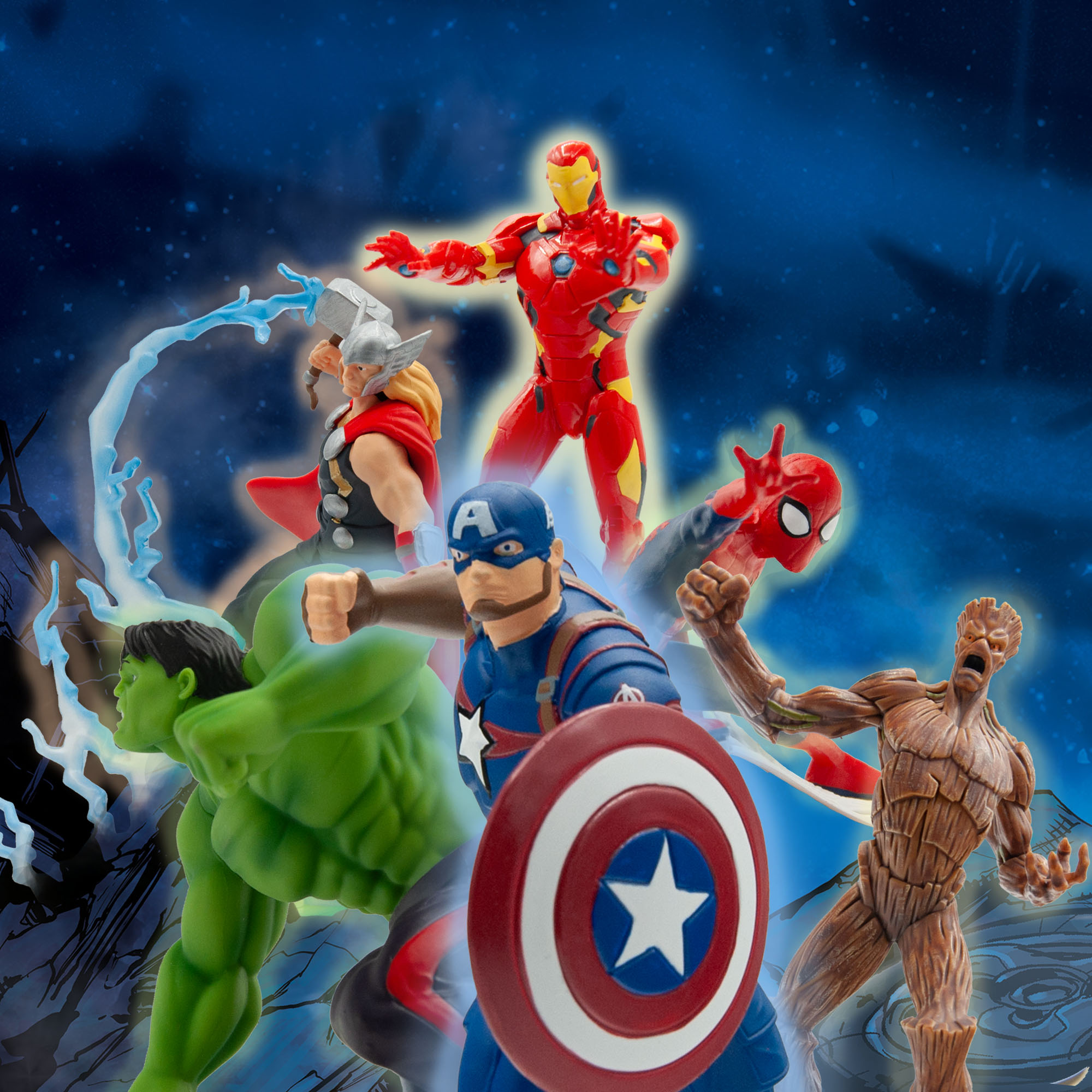 Mehrere Marvel-Superhelden-Figuren vor einem roten Marvel-Logo: Iron Man, Thor, Hulk, Captain America, Spider-Man und Groot.