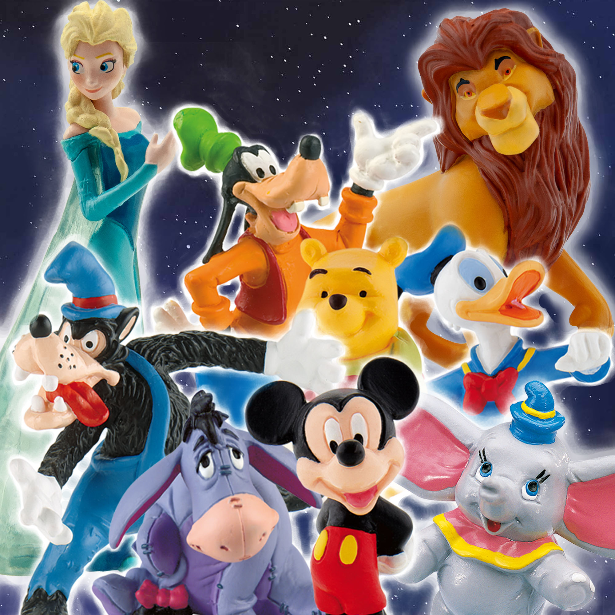 Mehrere bekannte Disney-Charaktere stehen gemeinsam vor einem Sternenhimmel. Zu sehen sind Figuren wie Micky Maus, Donald Duck und Goofy.